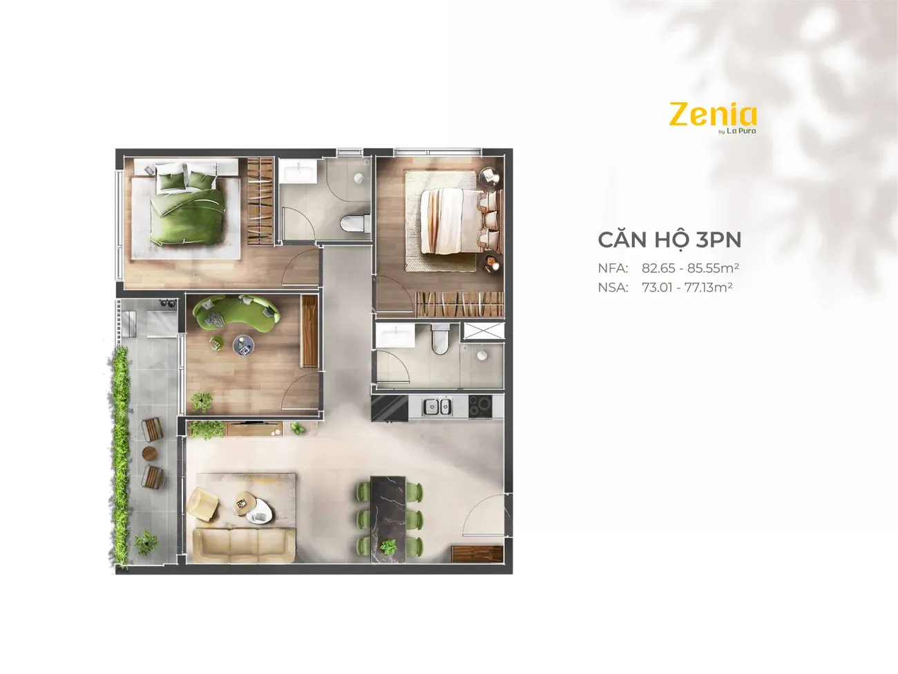 Mặt bằng 3PN 2WC