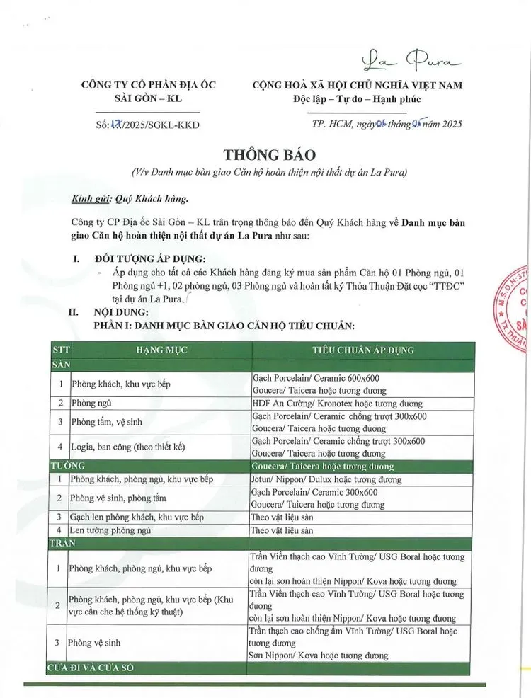 Danh mục vật liệu bàn giao La Pura 1