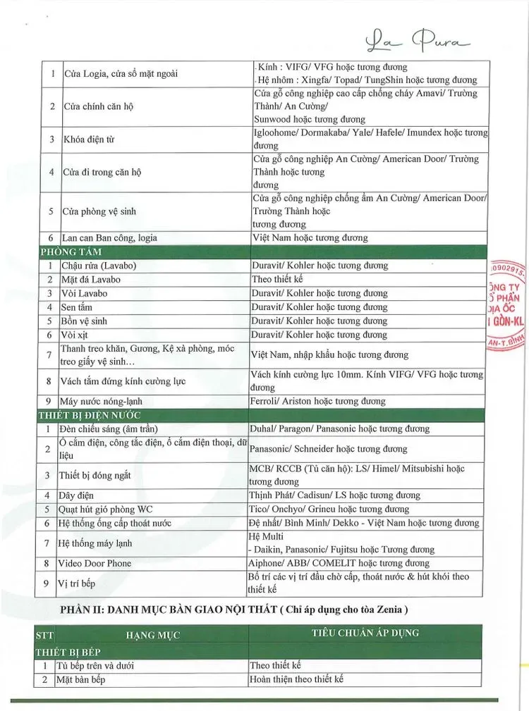 Danh mục vật liệu bàn giao La Pura 2