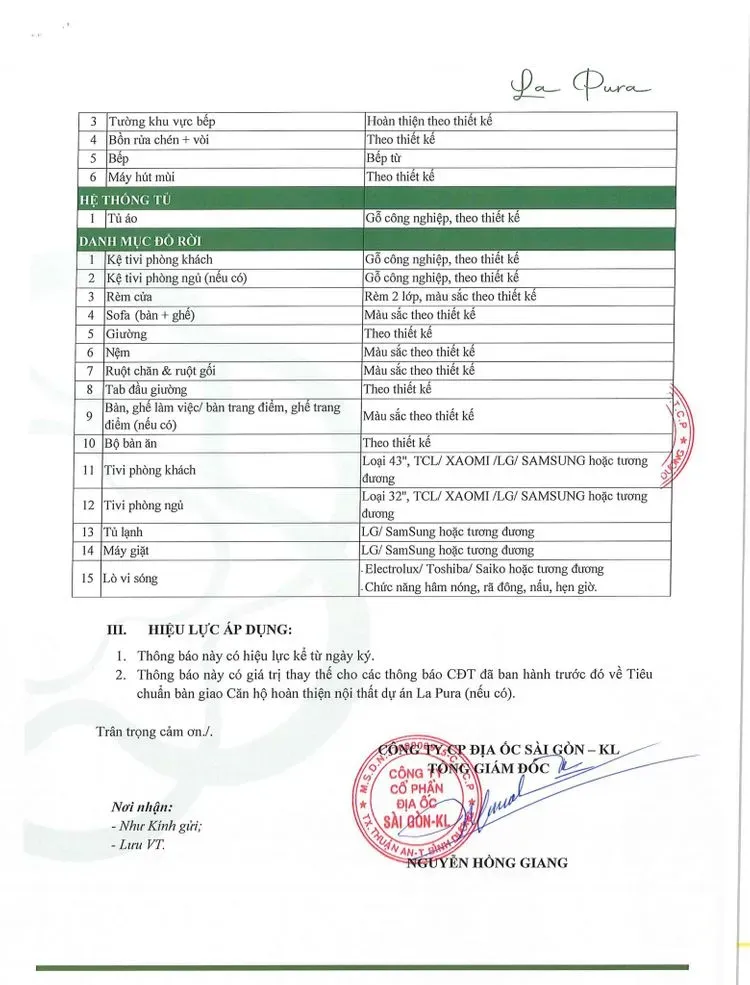 Danh mục vật liệu bàn giao La Pura 3