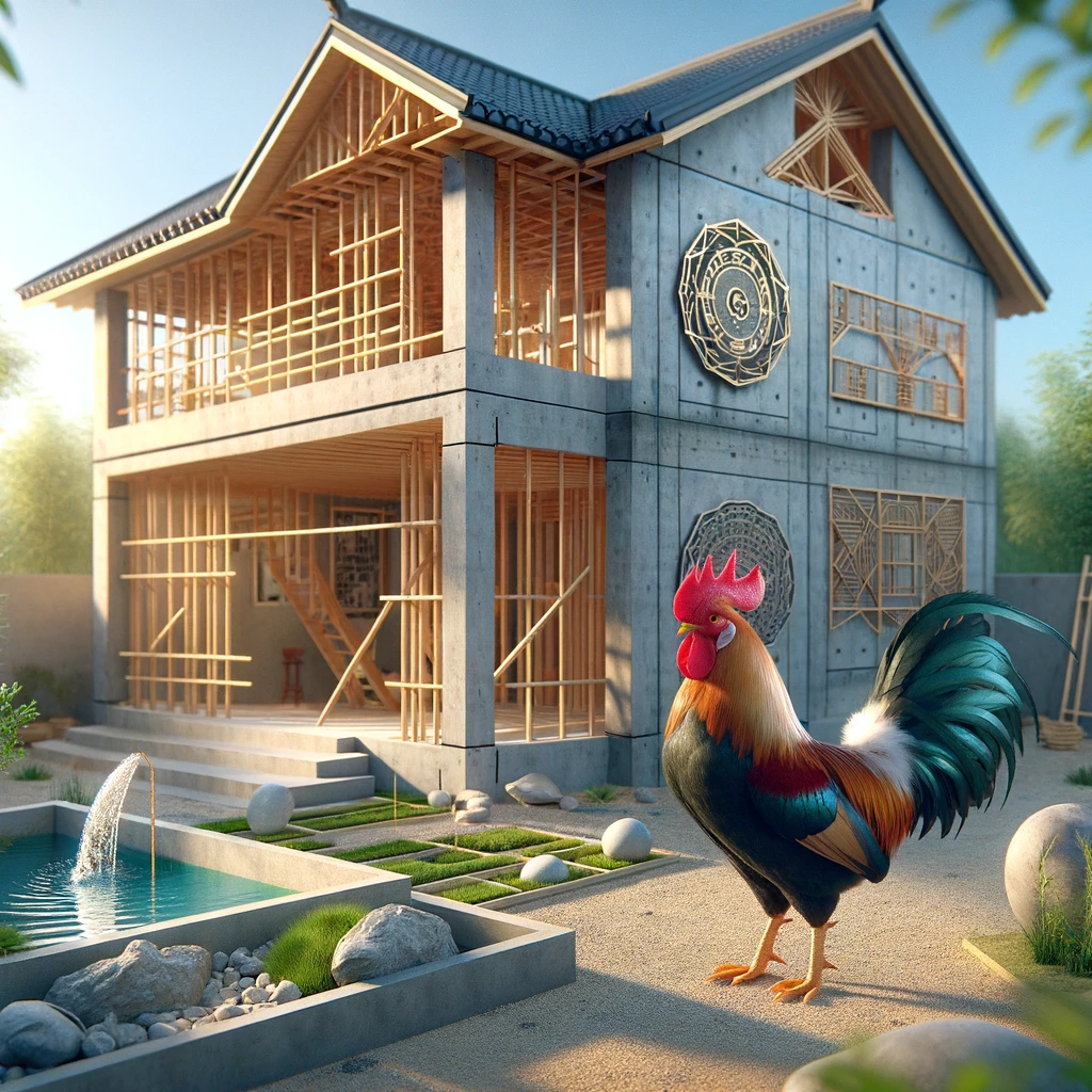 Tu I 1993 Qu D U L M Nh N M 2024 Ph Ng C C H N Sau   DALL·E 2024 01 22 22.18.37 A Rooster Standing Beside A Partially Constructed House With Elements Of Feng Shui Incorporated Into The Design. The House Is Modern With Visible Sc 