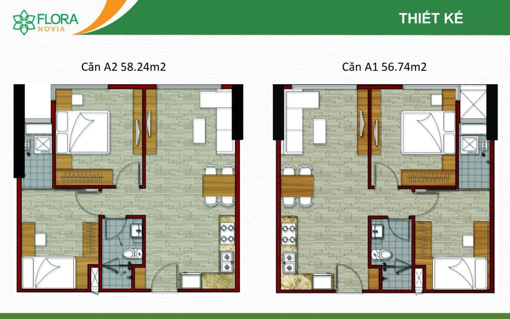 Layout căn hộ 2PN + 1WC