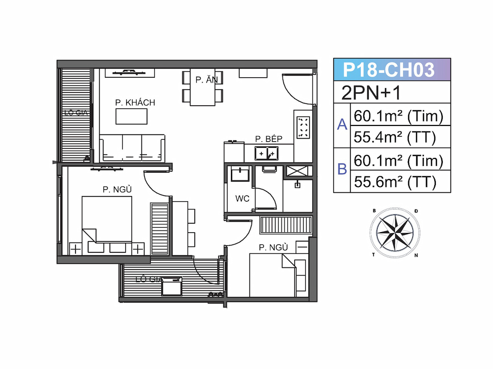 Căn hộ 2PN có diện tích từ 58,5m2 – 70m2