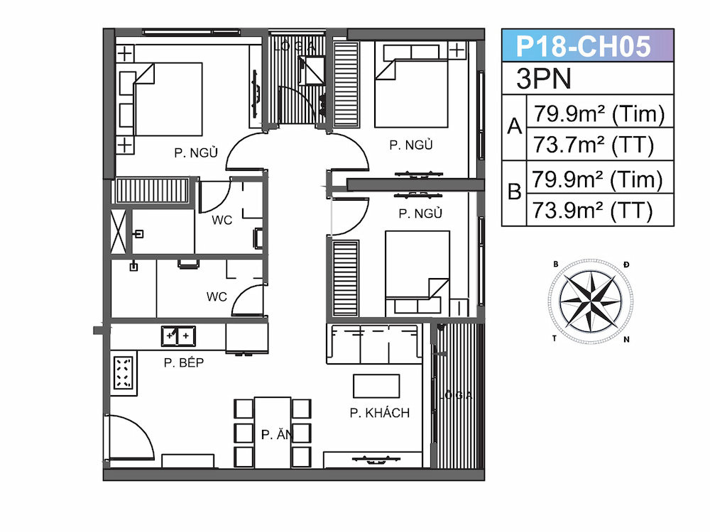 Căn hộ 3PN có diện tích 81m2 – 108m2