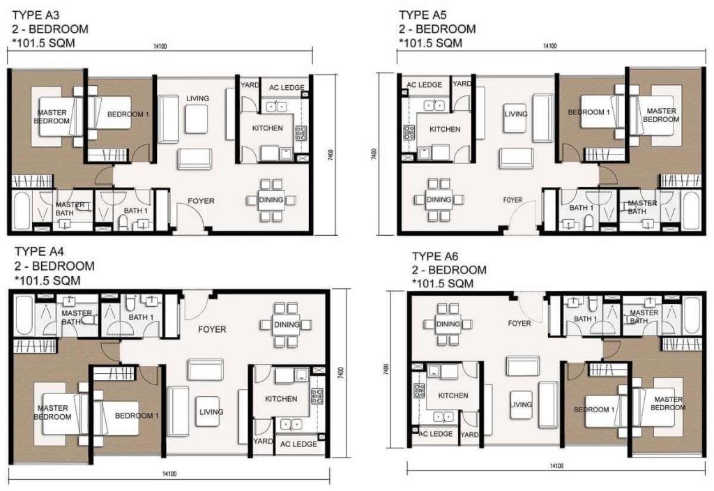 Layout căn hộ 2 phòng ngủ có diện tichs 101.5m2