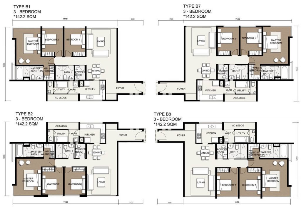 Layout căn hộ 3 phòng ngủ có diện tích 142.2m2