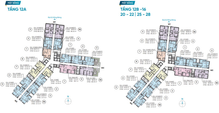 Mặt bằng tầng 12 – 16; 20 – 22; 25 – 28