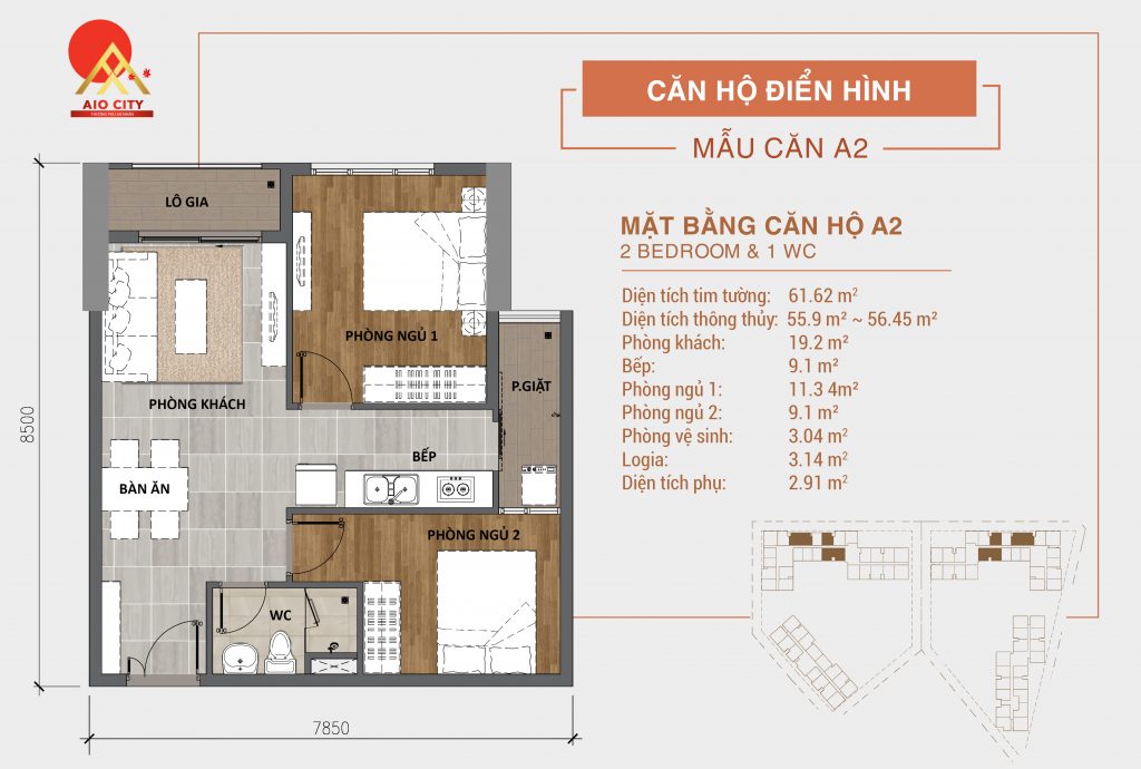 Căn hộ 2 phòng ngủ - 1WC