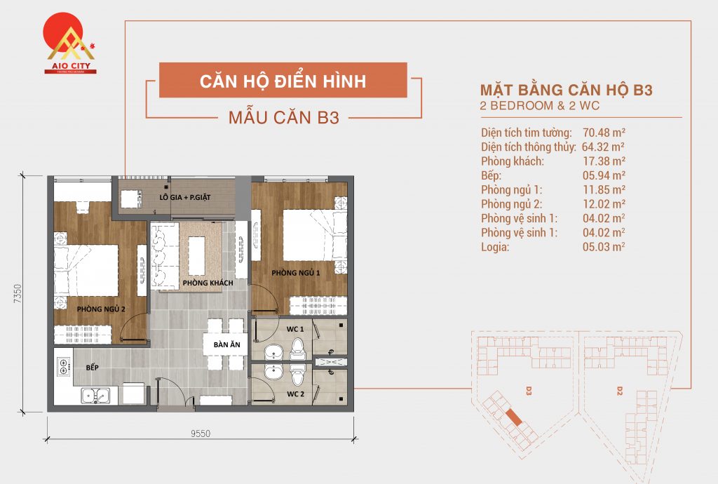 Căn hộ 2 phòng ngủ - 2WC