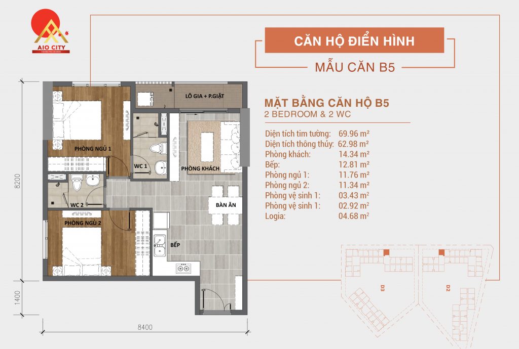 Căn hộ 2 phòng ngủ - 2WC