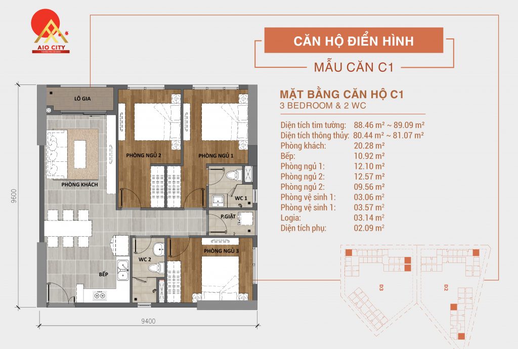 Căn hộ 3 phòng ngủ - 2WC