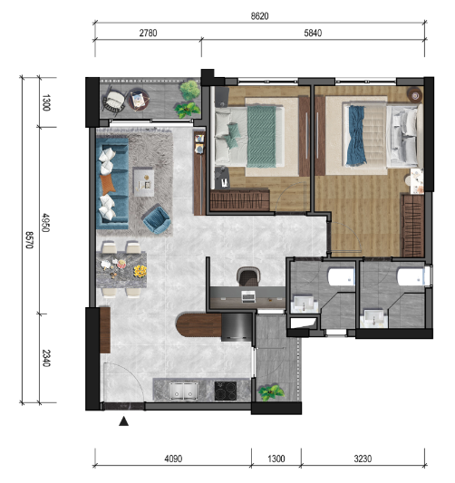 Layout căn hộ 2 phòng ngủ