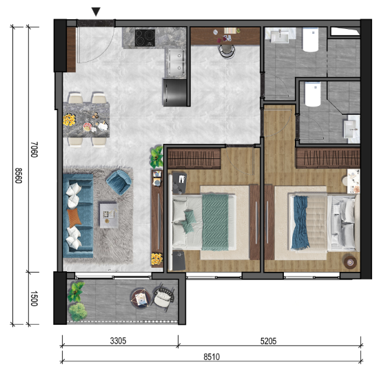 Layout căn hộ 2 phòng ngủ