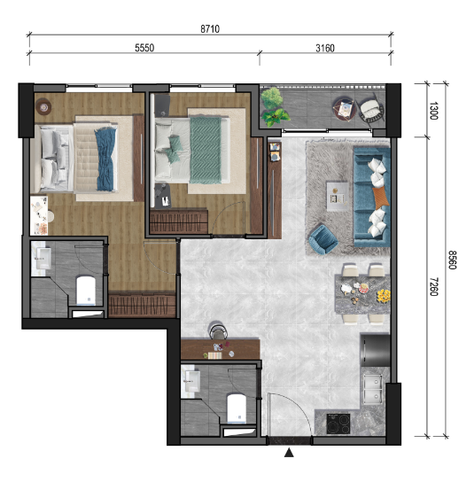 Layout căn hộ 2 phòng ngủ