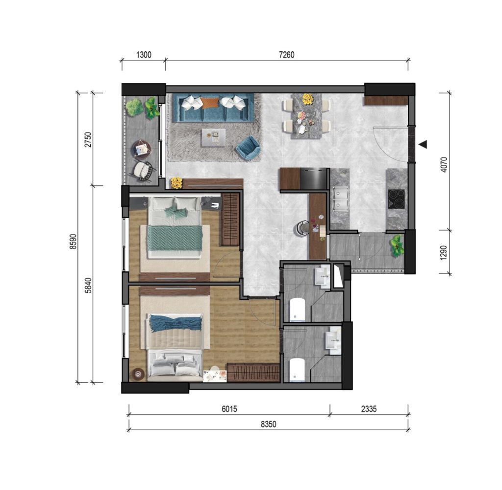 Layout căn hộ 2 phòng ngủ