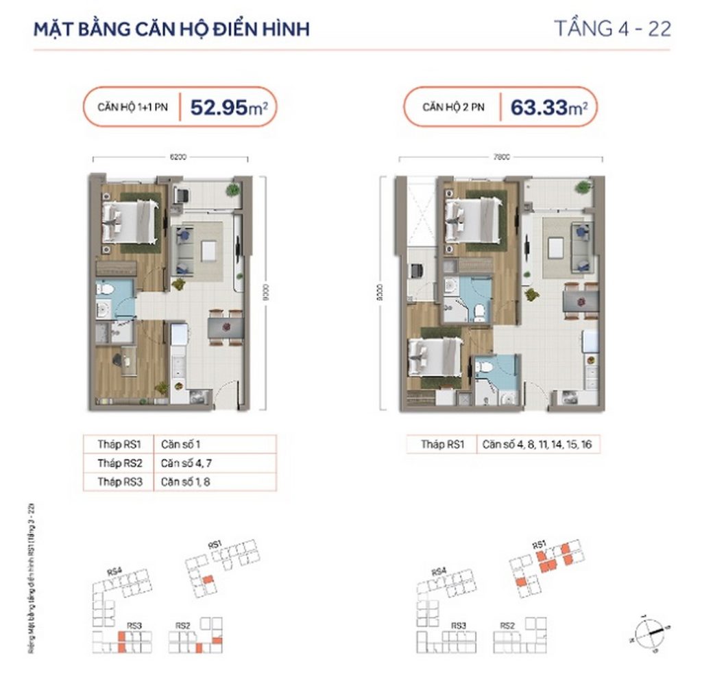 Mặt bằng căn hộ điển hình 52.95m2 tới 63.33m2 RichStar Tân Phú