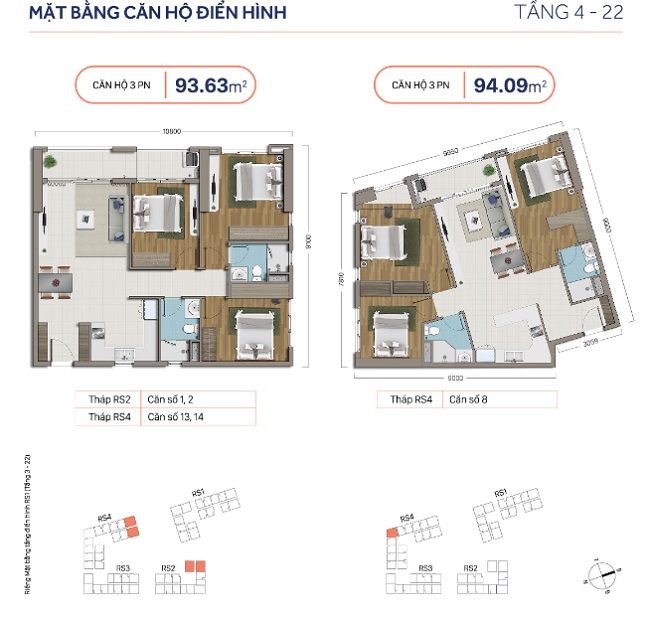 Mặt bằng căn hộ điển hình 93.63m2 tới 94.09m2 RichStar Tân Phú