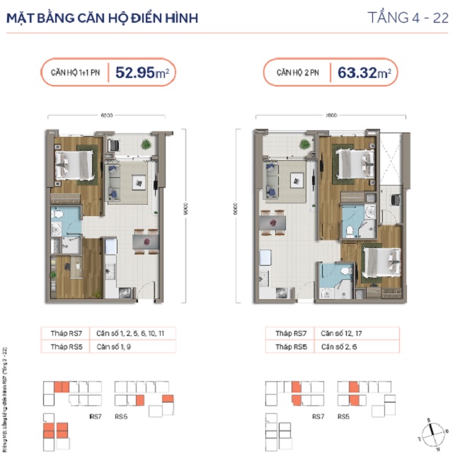 Mặt bằng căn hộ điển hình 52.95m2 tới 63.32m2 RichStar Tân Phú