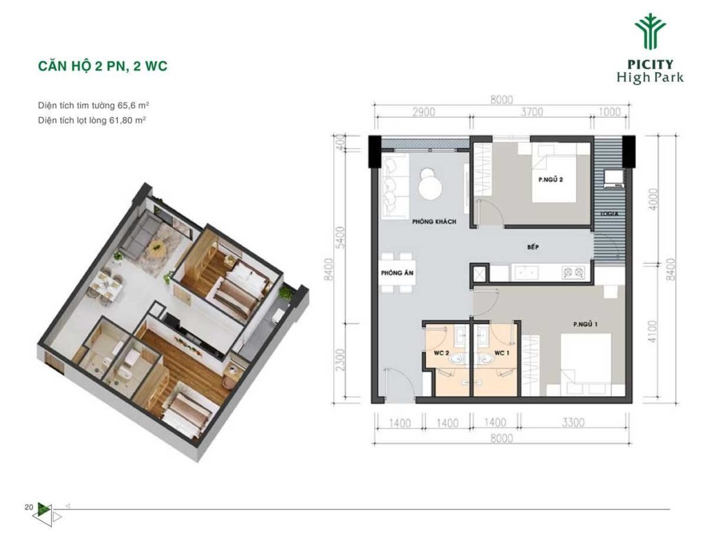 Thiết kế căn hộ 2PN+2WC 65.6m2 dự án Picity High Park