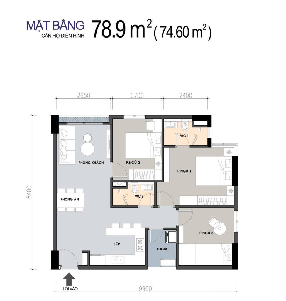 Thiết kế căn hộ 3 phòng ngủ, diện tích 78.9m2 dự án Picity High Park Quận 12