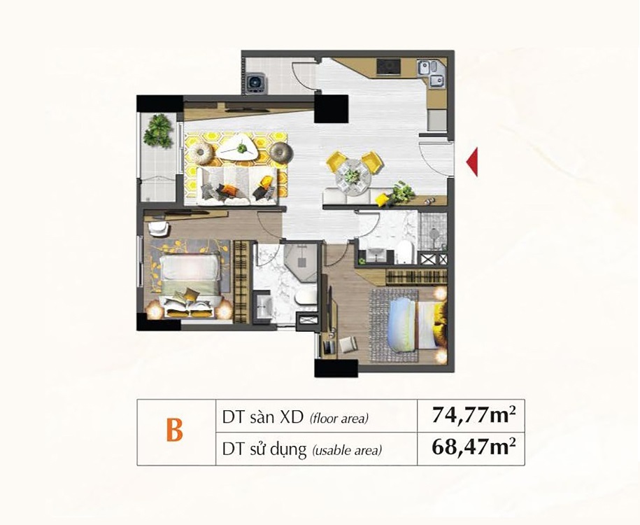 Mặt bằng căn hộ chung cư Saigon South Residences 68m2 – 75m2, 2 phòng ngủ