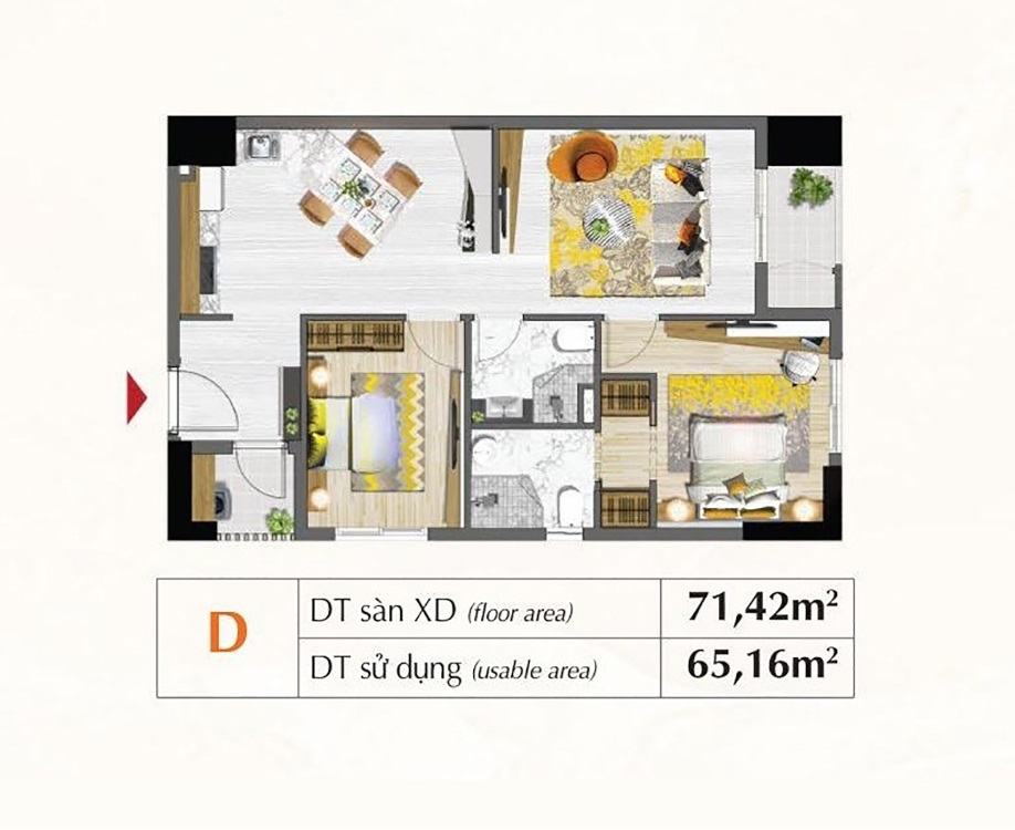 Mặt bằng căn hộ chung cư Saigon South Residences 65m2 – 71m2, 2 phòng ngủ