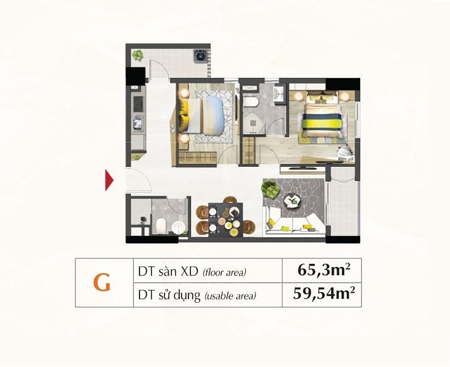 Mặt bằng căn hộ chung cư Saigon South Residences 60m2 – 65m2, 2 phòng ngủ