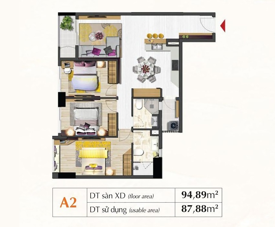 Mặt bằng căn hộ chung cư Saigon South Residences 89m2 – 95m2, 3 phòng ngủ