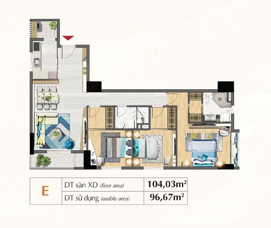 Mặt bằng căn hộ chung cư Saigon South Residences 97m2 – 104m2, 3 phòng ngủ
