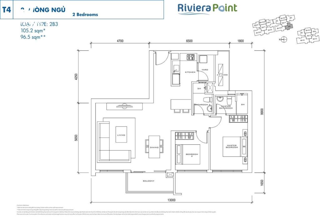 Thiết kế điển hình căn 2 Phòng ngủ Loại 2 tại Riviera Point