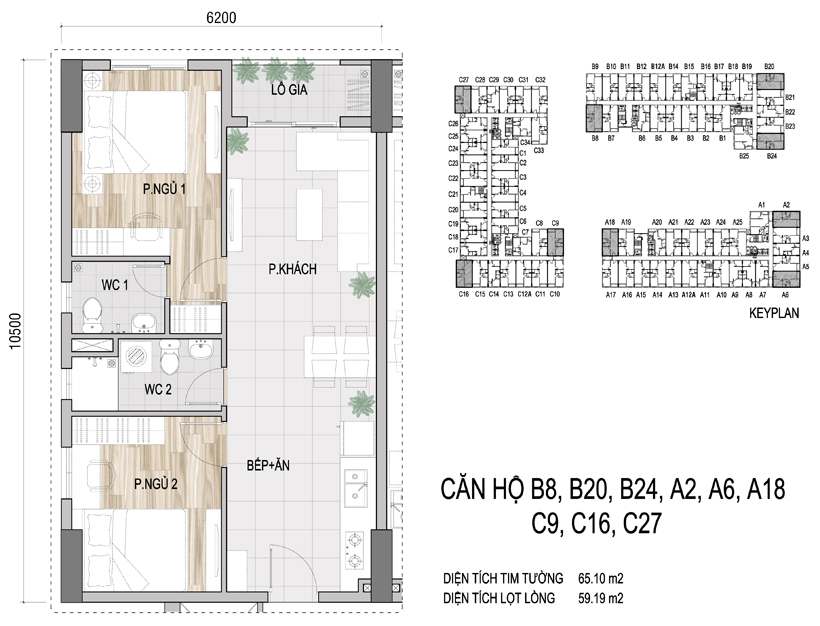 Mặt bằng chi tiết căn hộ B8, B20, B24, A2, A6, A18, C9, C16, C27