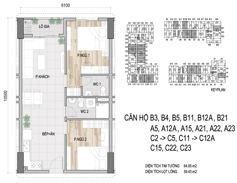 Mặt bằng chi tiết căn hộ B3 -> B5, B11, B12A, B21, A5, A12A, A15, A21 -> A23, C2 -> C5, C11 -> C12A, C15, C22, C23