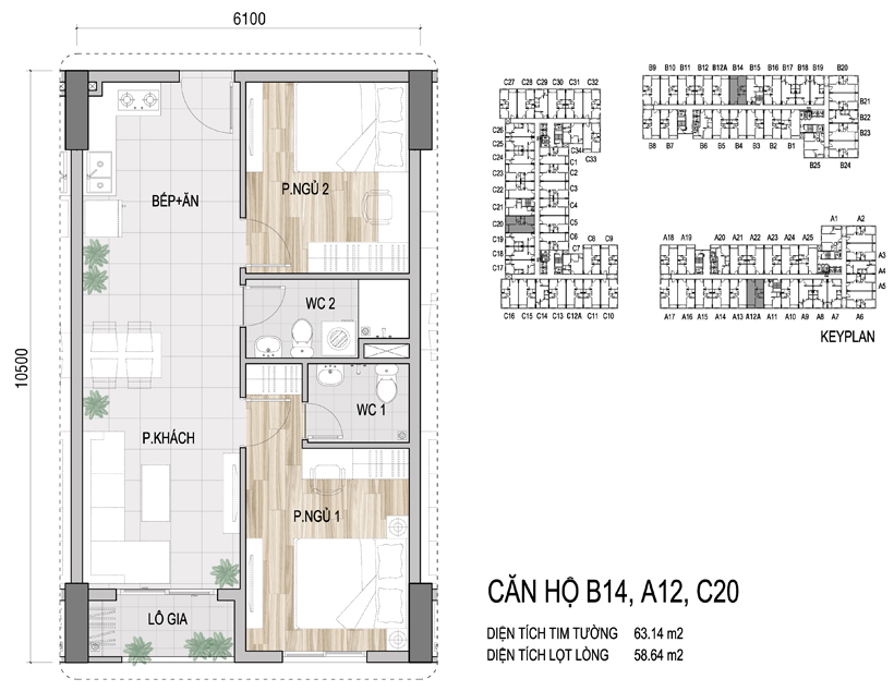 Mặt bằng chi tiết căn hộ B14, A12, C20