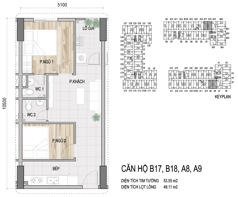 Mặt bằng chi tiết căn hộ B17, B18, A8, A9