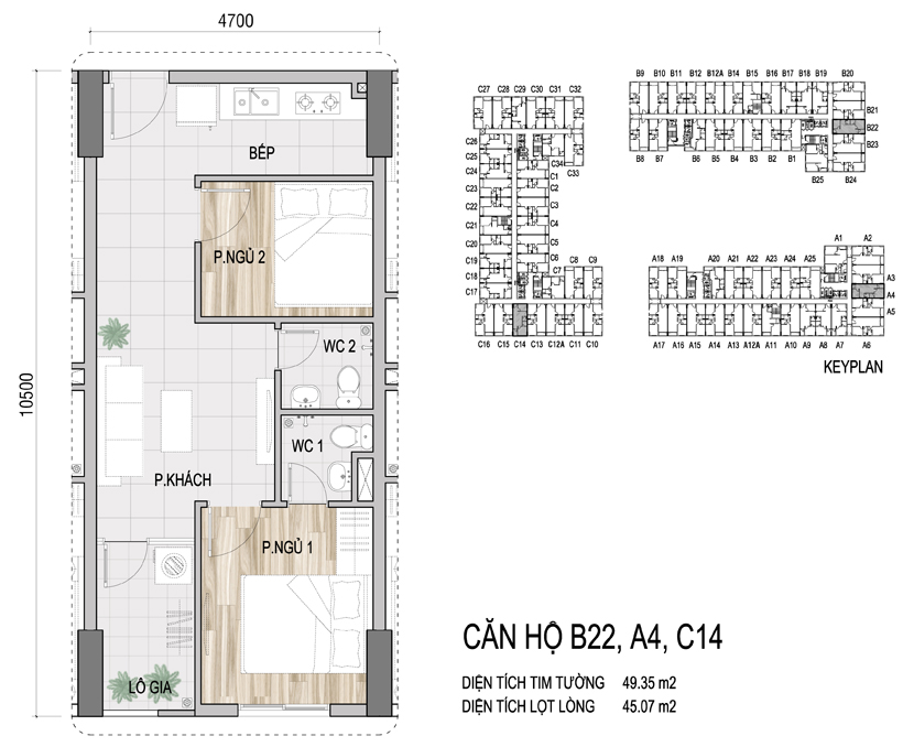 Mặt bằng chi tiết căn hộ B22, A4, C14