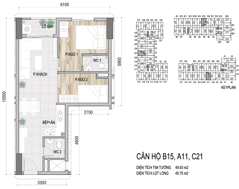 Mặt bằng chi tiết căn hộ B15, A11, C21