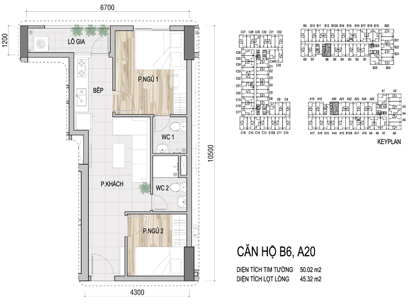 Mặt bằng chi tiết căn hộ B6, A20