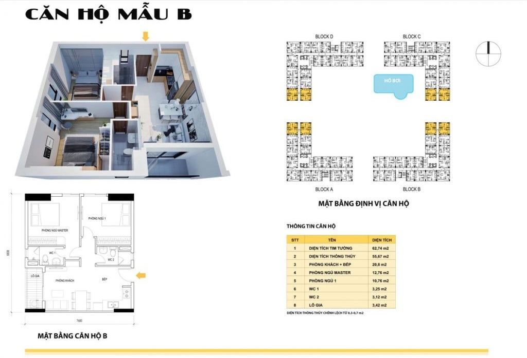 Căn hộ loại B (2PN, 2WC) với diện tích 63 m2