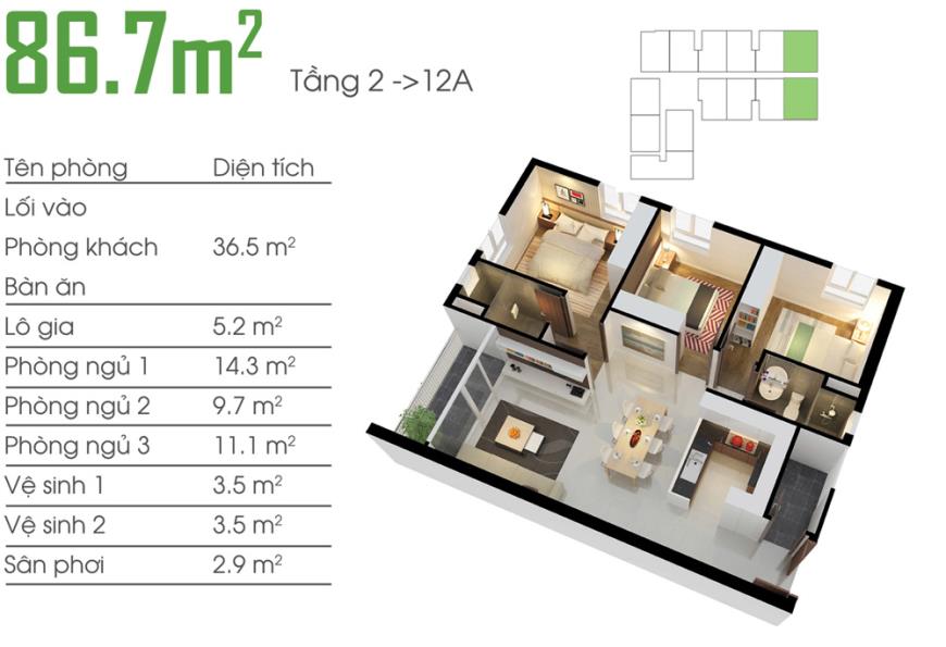 Căn hộ 3 phòng ngủ diện tích 86.7m2 dự án Opal Riverside 