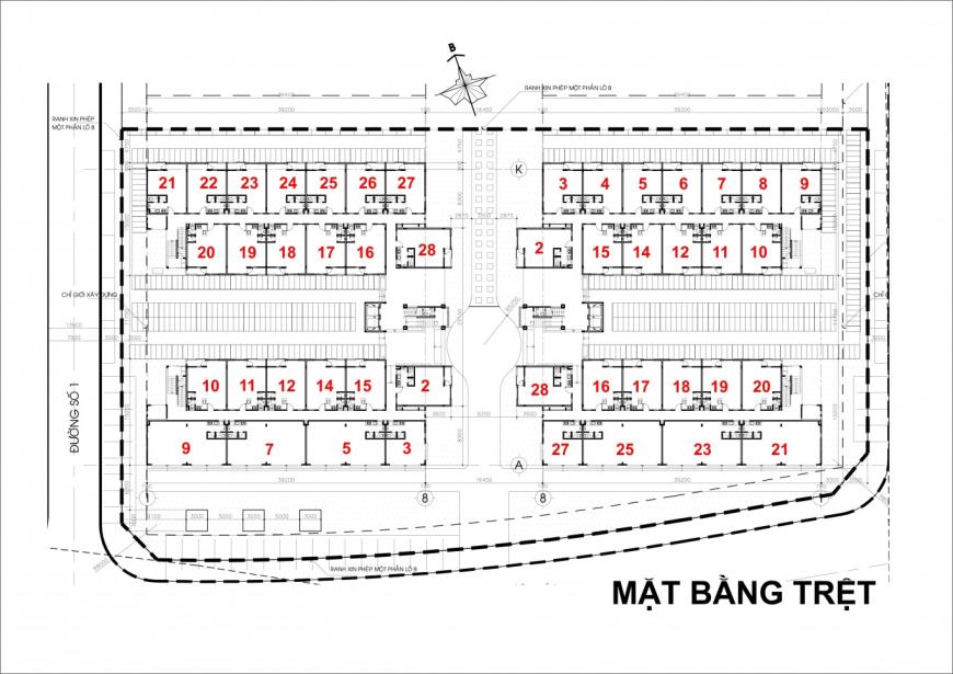 Mặt bằng tầng trệt của tòa B1&B2 dự án Ehome 4