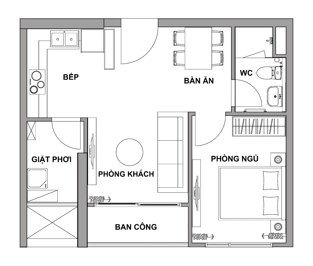 Thiết kế dự án căn hộ 1PN chung cư Rivana Thuận An diện tích 49.65m²