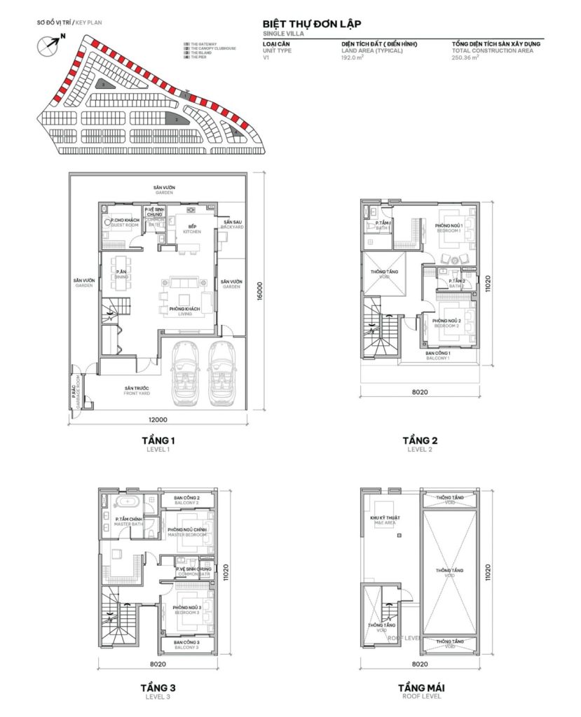 Biệt thự đơn lập với diện tích đất 192m2 và diện tích sàn xây dựng 250m2