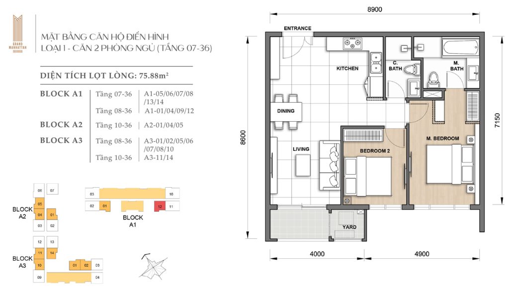 Sơ đồ chi tiết căn hộ loại 1 (tầng 7-36)