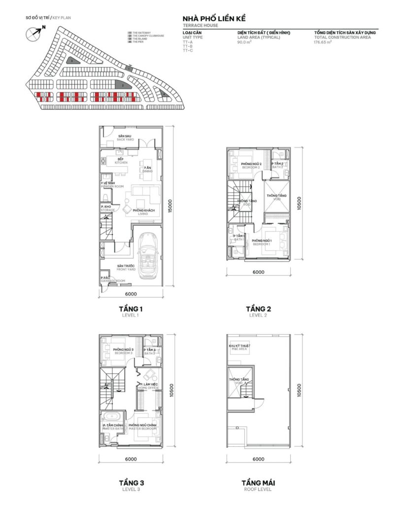 Nhà phố liền kề với diện tích đất 90m2 và diện tích sàn xây dựng 176m2