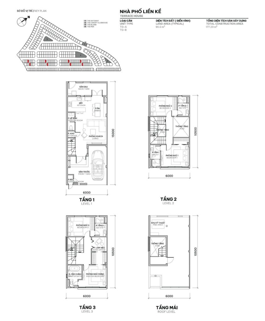 Nhà phố liền kề với diện tích đất 90m2 và diện tích sàn xây dựng 177m2