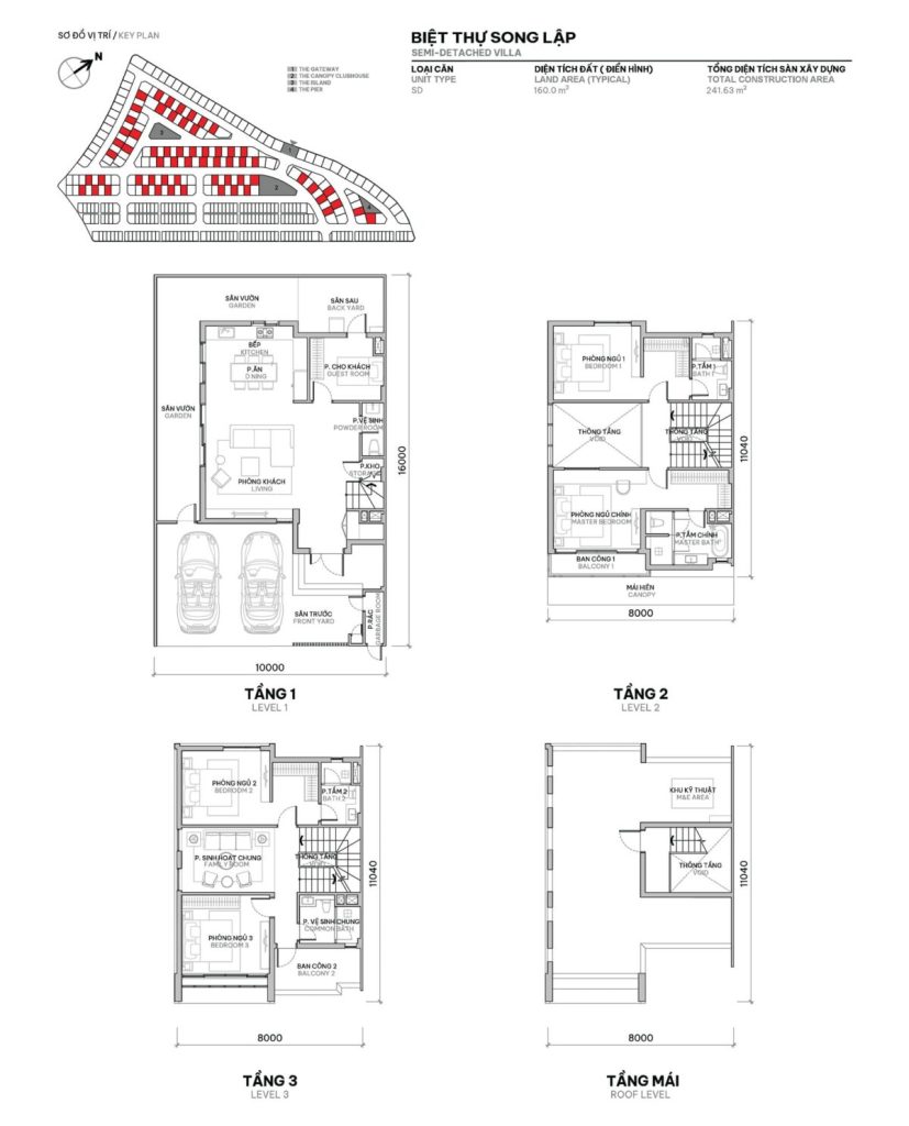 Bệt thự song lập với diện tích đất 160m2 và diện tích sàn xây dựng 241m2