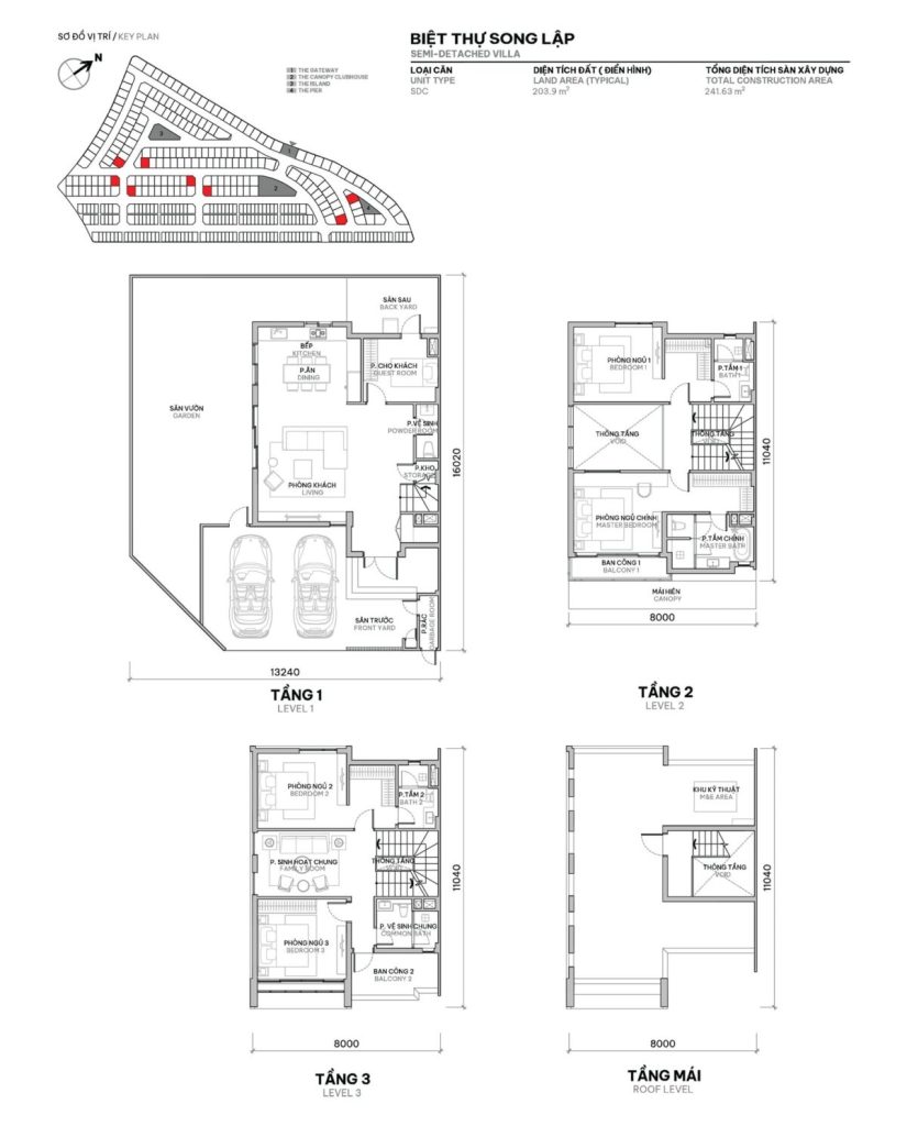 Biệt thự song lập với diện tích đất 203m2 và diện tích sàn xây dựng 241m2