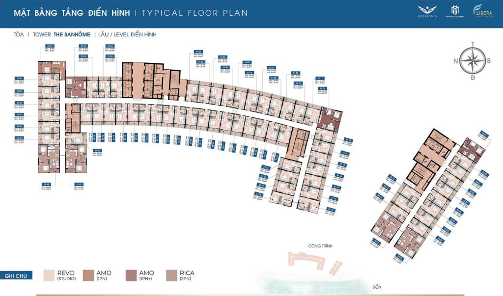 Mặt bằng điển hình tòa The Sanhome - gồm 2 block cao 30 tầng, cung ứng khoảng 1975 căn hộ biển và 27 căn shophouse