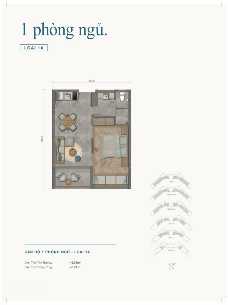 Layout căn hộ 1 phòng ngủ loại 1A