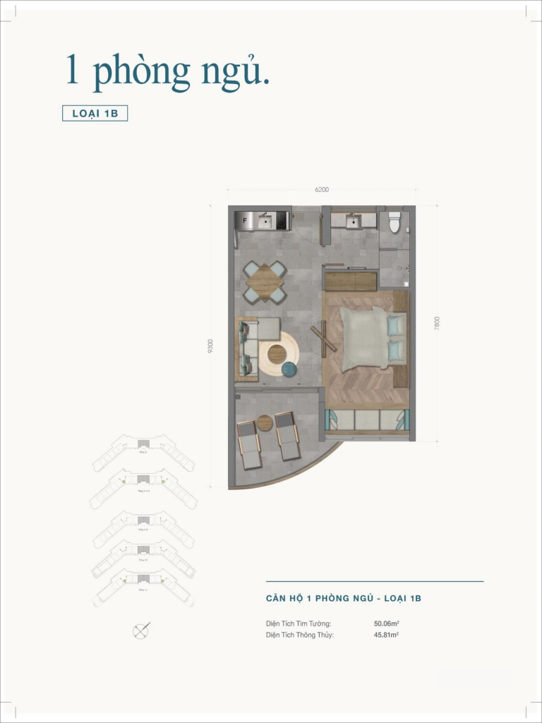 Layout căn hộ 1 phòng ngủ loại 1B